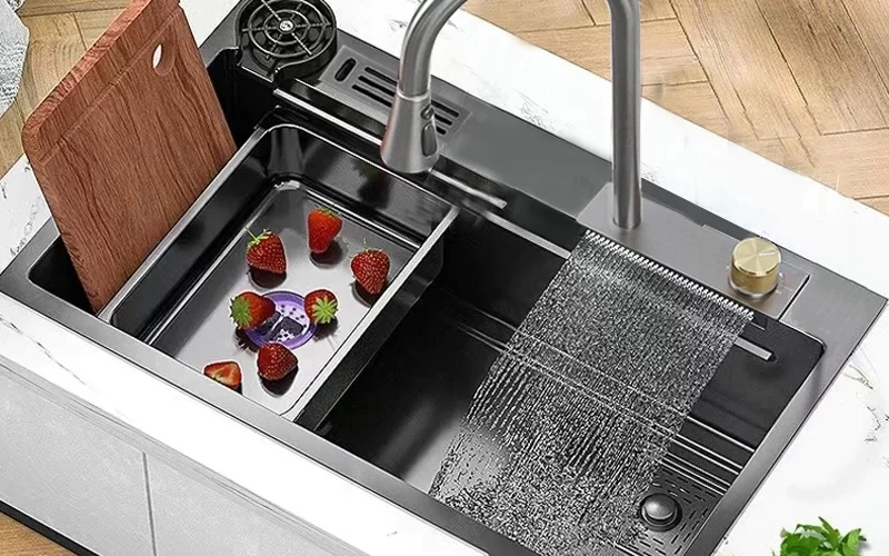 Incrível cuba dupla gourmet de aço inox com Torneira Monocomando e Acessórios